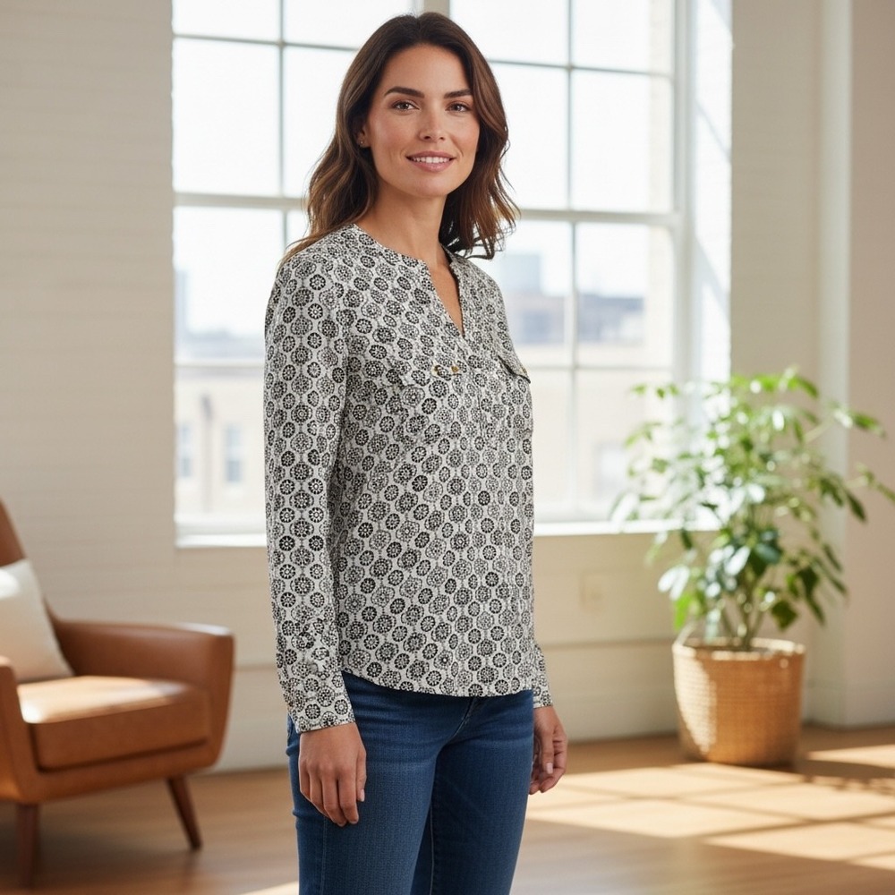 Appleseed's Floral Print Long Sleeve V Neck Button Front Blouse Top Womens M